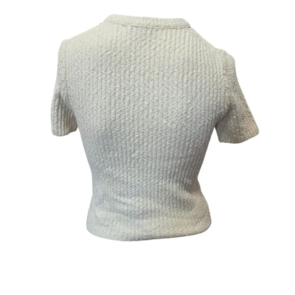 Madewell Ivory Textured Rib Knit Short‎ Sleeve Sweater Top XS Cozy Stretch